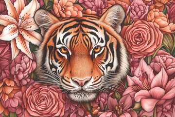Vibrant Tiger Portrait Encircled by Elegant Roses and Lush Lilies