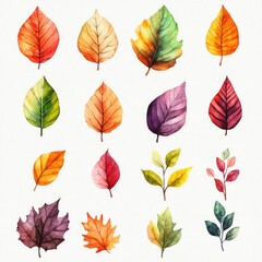Obraz premium Collection of Watercolor Fall Leaves. Artistic Depictions of Autumn Foliage in Vibrant Hues