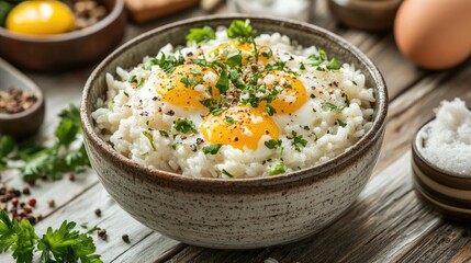 A delicious bowl of rice with creamy scrambled eggs served in a rustic ceramic dish, with a backdrop of fresh herbs and spices, inviting viewers to dig in