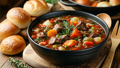 A steaming bowl of hearty beef stew with vibrant vegetables, served in a matte black ceramic dish, s
