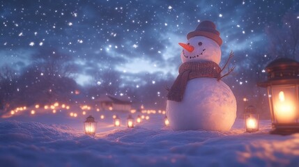 A whimsical snowman with a scarf, standing tall in the middle of a snowy field, surrounded by glowing lanterns