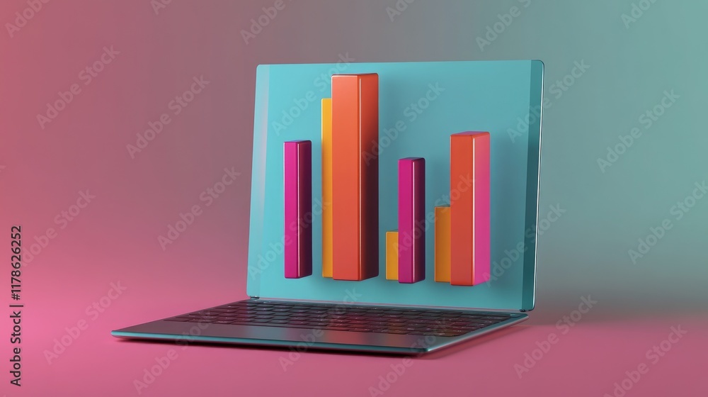 Poster a detailed d bar chart on a laptop screen, with bars growing in height as data is processed in real-