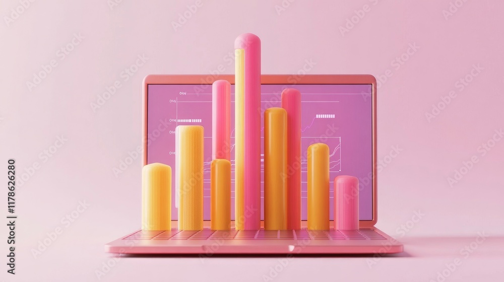 Poster a detailed d bar chart on a laptop screen, with bars growing in height as data is processed in real-