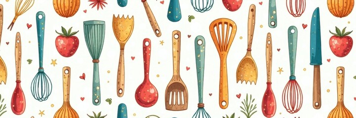 Whimsical kitchen utensil doodles, seamless pattern , illustration, background