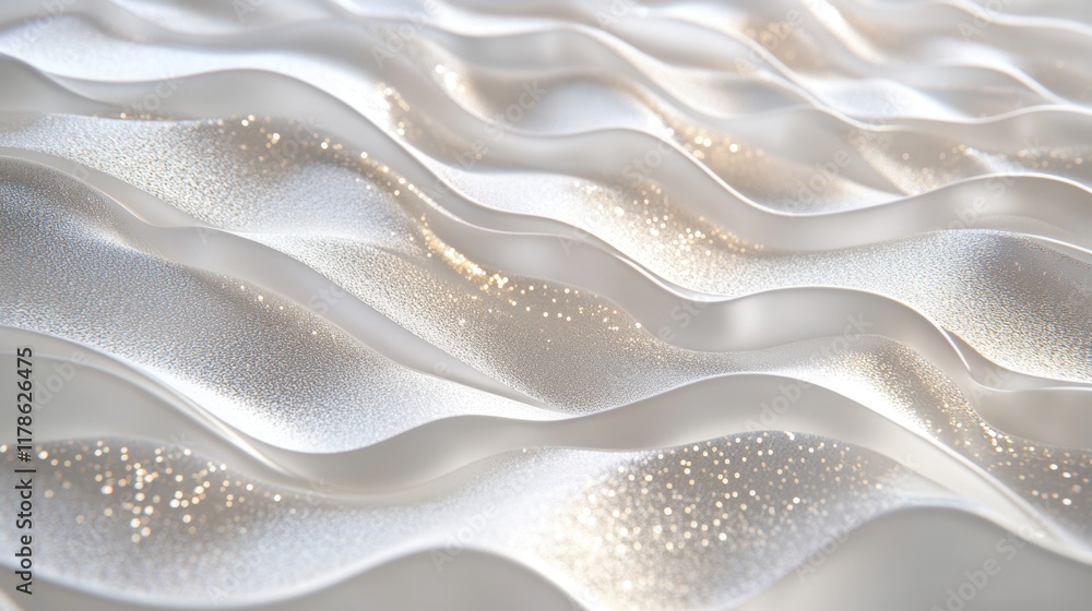 Poster close-up of a textured foil pattern on a white holographic surface with soft pearlescent shimmer and