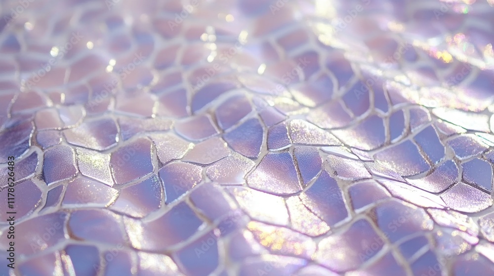 Poster close-up of a textured foil pattern on a white holographic surface with soft pearlescent shimmer and