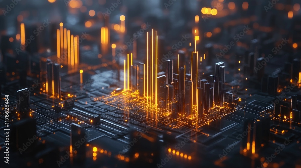 Poster a digital d financial chart with glowing bars and line graphs, hovering above a virtual platform, sy