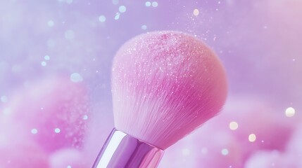 A close-up of a pink makeup brush with sparkles, set against a dreamy pastel background.