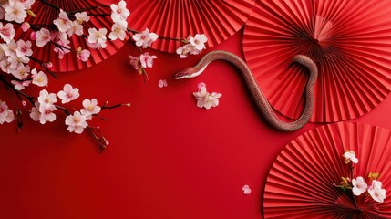 Happy Chinese New Year 2025,Year of the snake zodiac sign,Snake illustration and design,Asian elements gold paper cut style,Lunar new year concept,New Year card 2025.