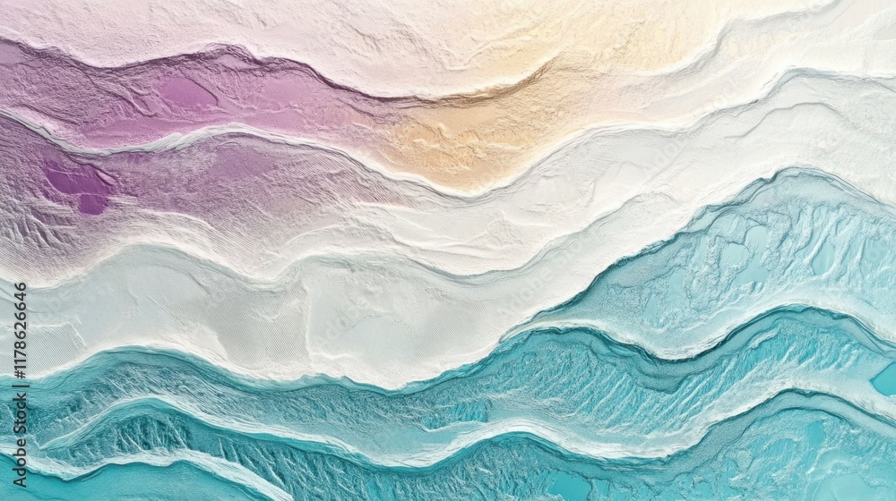 Poster close-up of a textured foil pattern on a white holographic surface with soft pearlescent shimmer and