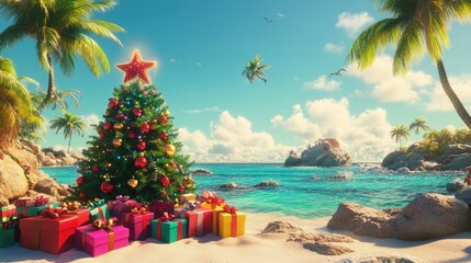 Obraz premium A vibrant Christmas tree surrounded by gift boxes, set on a beach with turquoise waters and palm trees in the distance.