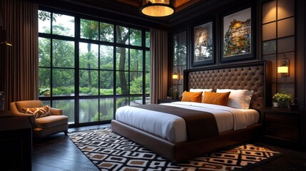 A cozy, modern bedroom with large windows overlooking a serene natural landscape.