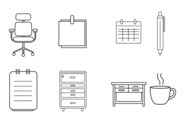 Collection of Office and Workstation Icon Essentials Including Chair, Clipboard, Calendar, Pen, Notepad, Filing Cabinet, Desk, and Coffee Mug, Isolated on Transparent and White Background