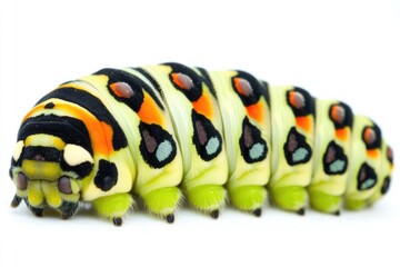 Isolated Swallowtail Caterpillar on White, Green Details â€“ A Close-up of Nature's Wildlife