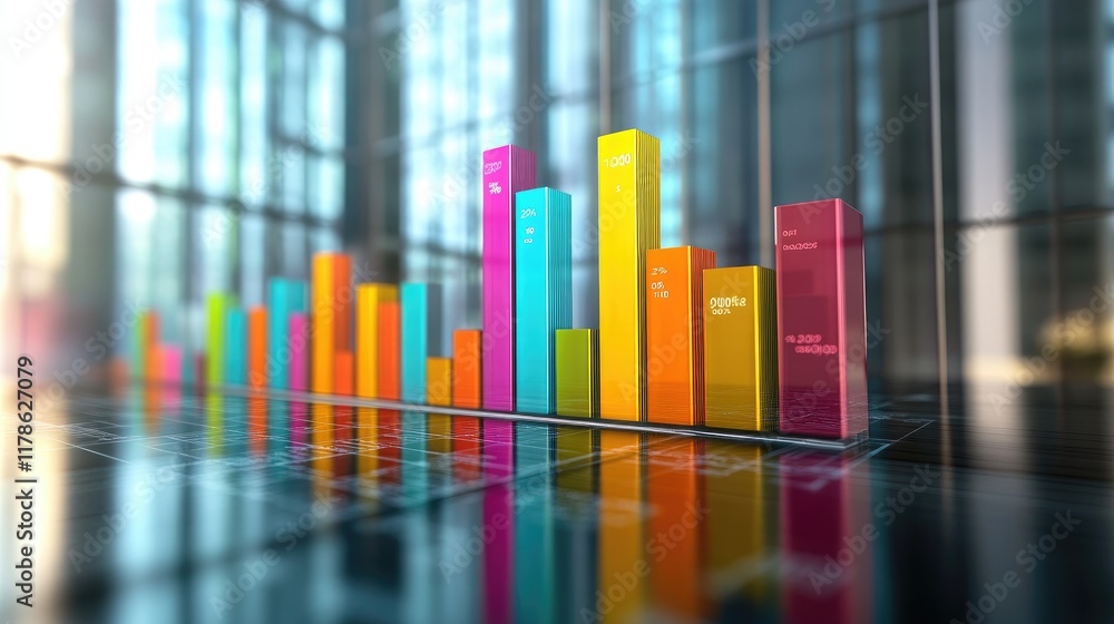 Poster a dynamic d bar chart displaying financial data, with vibrant colors representing different categori