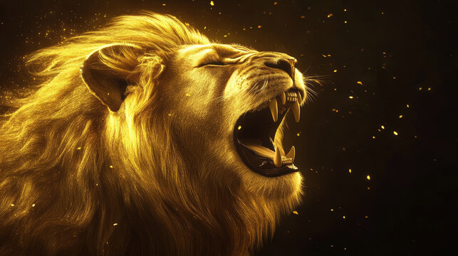 finance, A golden lion roaring, in a hyper-realistic digital art style, against a dark background with high contrast.