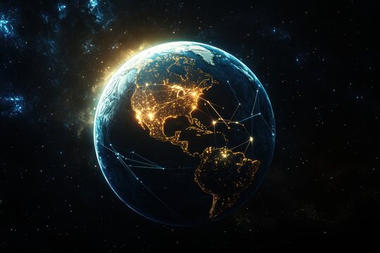 Global network connection, Earth at night, space background, data visualization