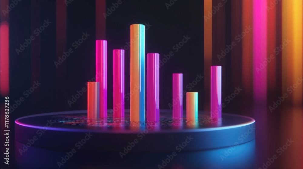 Poster a dynamic d bar chart with colorful bars rising from a flat surface, representing financial data tre