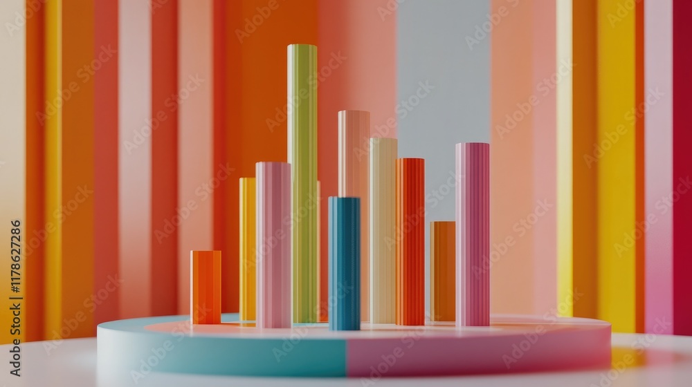 Poster a dynamic d bar chart with colorful bars rising from a flat surface, representing financial data tre