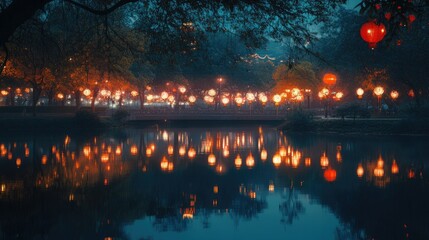 A vibrant display of Chinese New Year lanterns illuminating a park at night, reflected in a nearby tranquil lake.