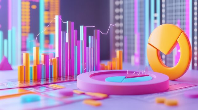 A dynamic D financial chart with segmented bars and rotating pie charts, set against a backdrop of scrolling data, representing real-time business analytics.