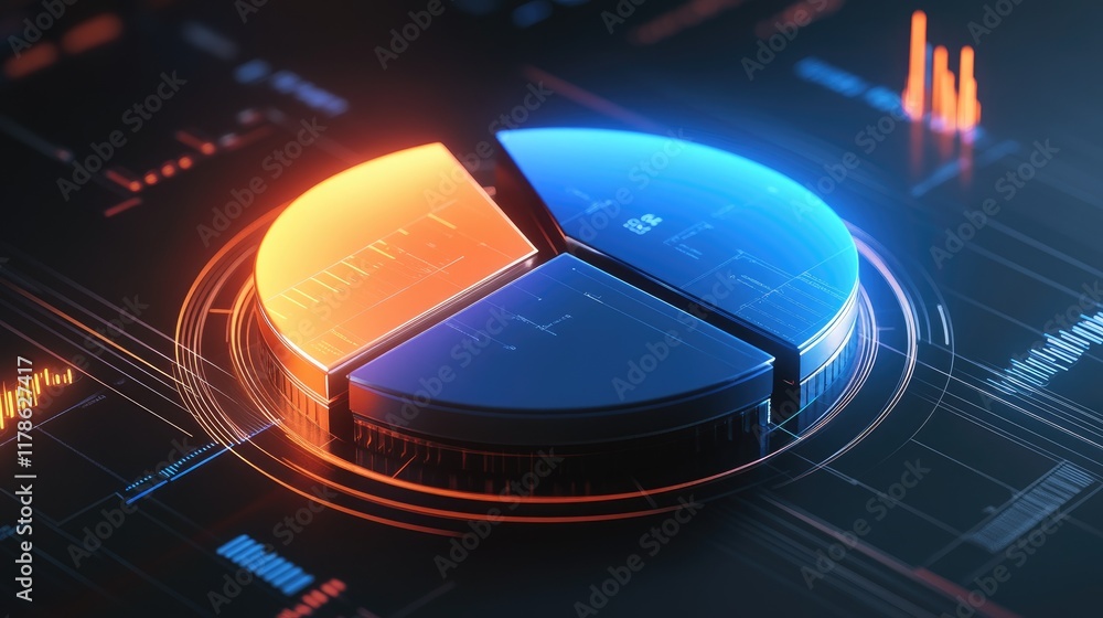 Fototapete a dynamic d pie chart with rotating segments in different shades of blue and orange, set against a f