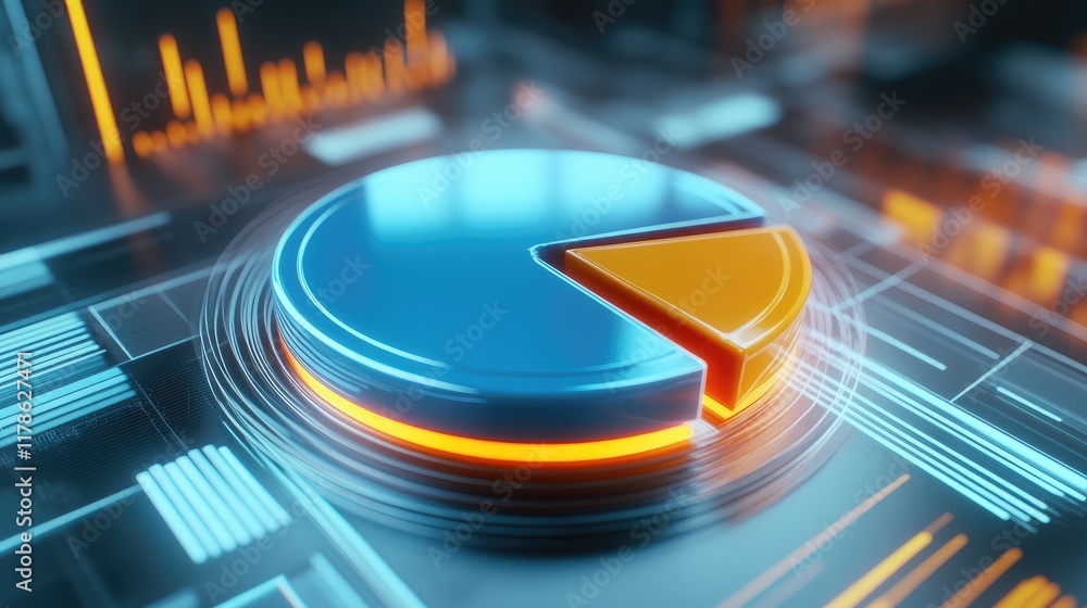 Fototapete a dynamic d pie chart with rotating segments in different shades of blue and orange, set against a f