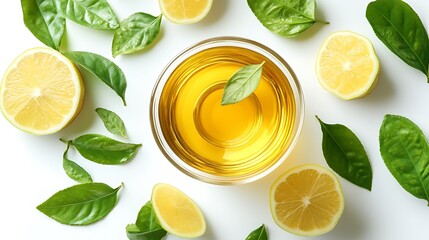 Refreshing lemon tea with leaves, overhead shot. Perfect for wellness blogs.