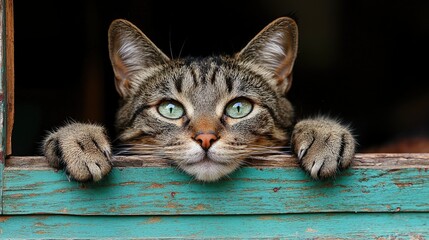 Tabby Cat Peeking Through Weathered Wooden Window