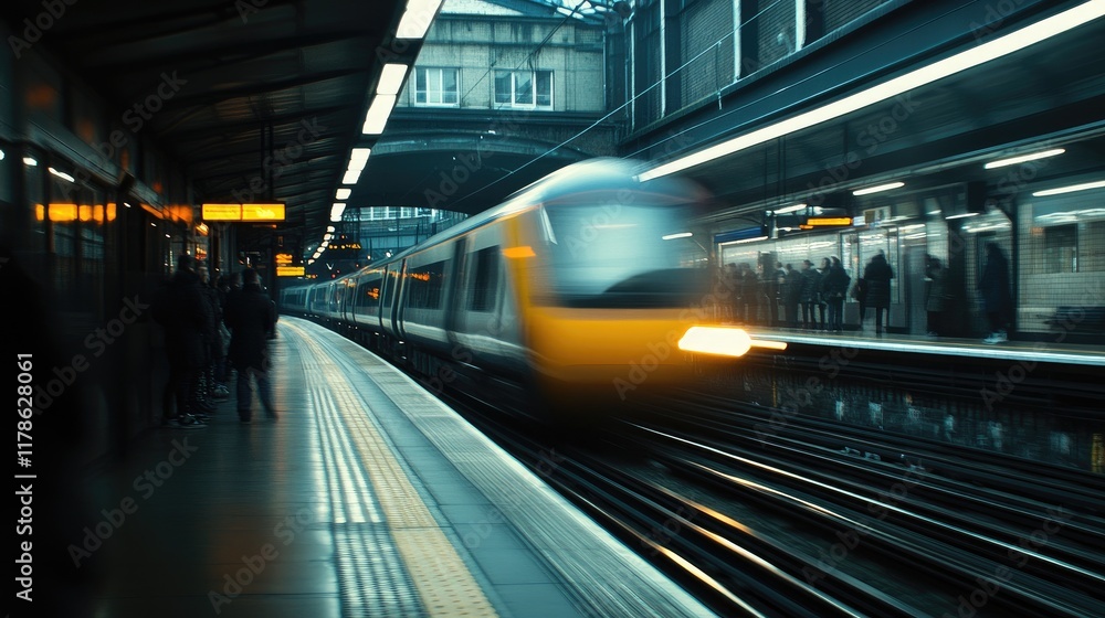 Poster a dynamic shot of a high-speed train approaching a station, with motion blur to emphasize its speed,