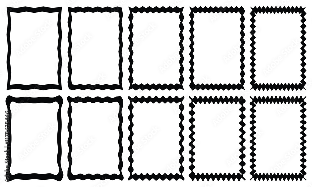 Poster set of square frames with wavy and zigzag edges. rectangular and round shapes with curvy and jagged 