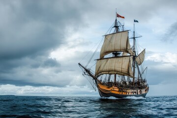 Obraz premium James Cook's Historic Voyage: The Tall Ship HM Bark Endeavor Anchored in Sydney Harbor on a Windy Day