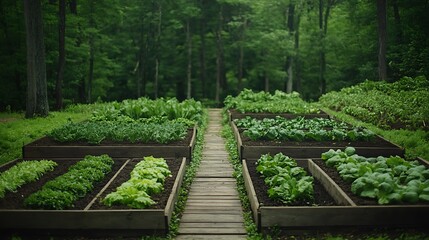 Raised garden beds in lush forest; tranquil nature scene; organic farming; healthy lifestyle.