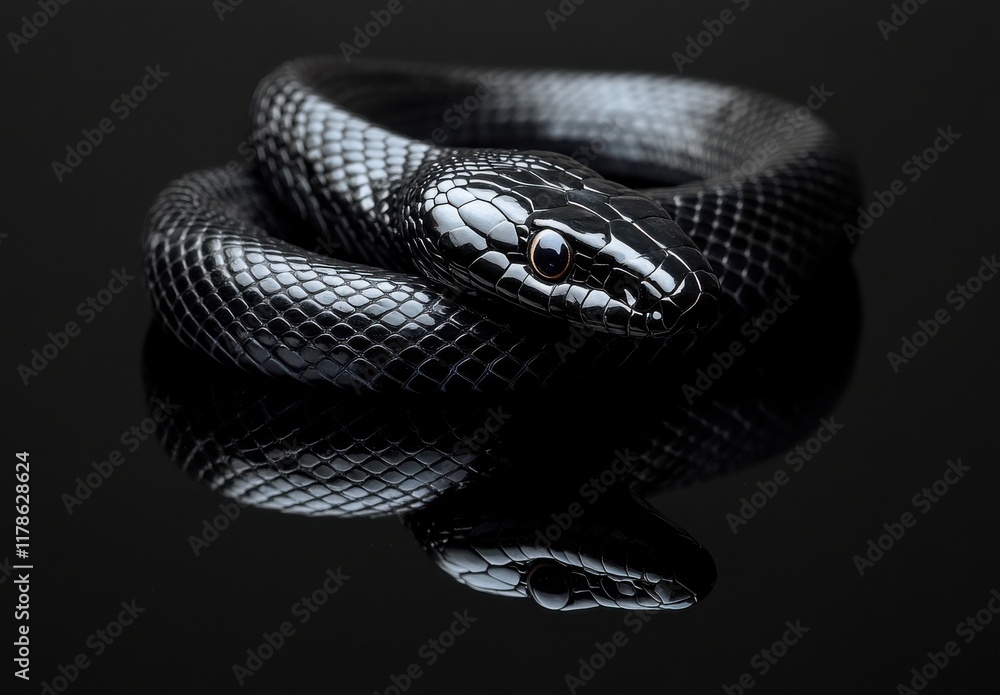 Poster a close-up view of a glossy black snake with intricate scale patterns posing on a reflective surface
