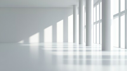 Obraz premium A 3D rendering of a minimalist white and grey room with an elegant touch of modern design and simplicity.