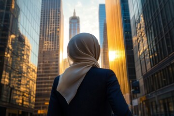 Woman in Hijab Observing Modern City Skyline During Ramadan Sunset