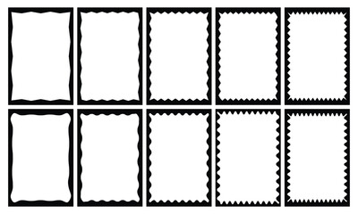 Set or rectangular shapes with squiggly borders. Geometric zig zag wavy stickers. Best frame for your design.  Picture or photo frames, empty text boxes, tags, vector illustration