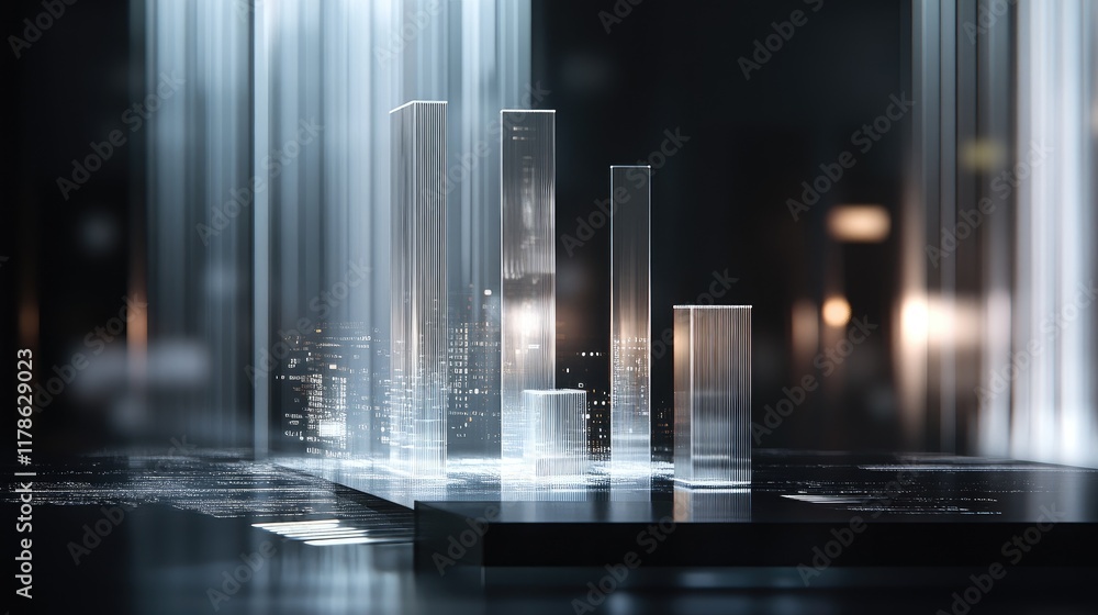 Poster a futuristic d bar chart with transparent, glass-like bars, standing against a digital interface fil