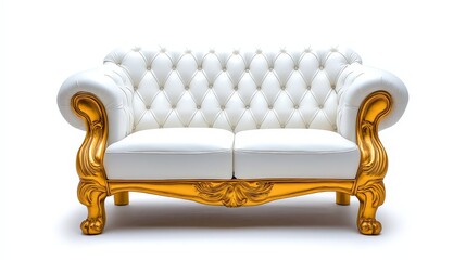 Elegant White Sofa with Golden Accents on White Background