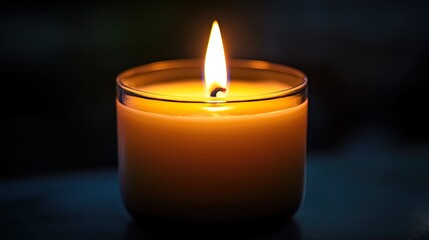 A single lit candle in a glass jar on a dark background.