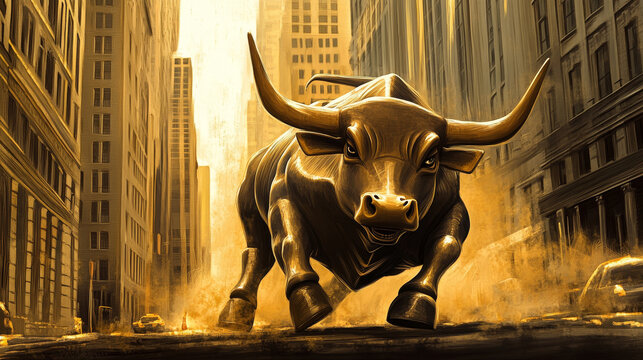 finance, A digital painting of an angry bull charging through the city streets, symbolizing stock market volatility and financial growth.