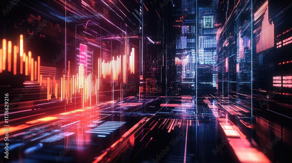 Poster a futuristic d financial chart with glowing bar graphs and data points, set against a high-tech back