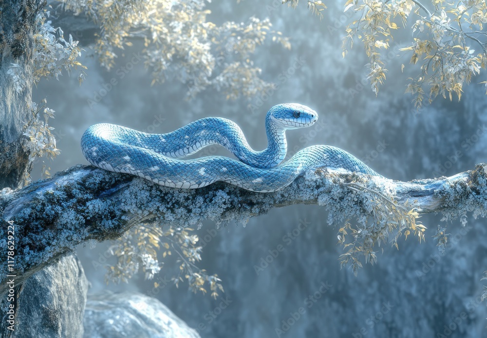 Aufkleber a serene blue snake coiled on a frost-covered branch in a mystical forest setting with soft natural 
