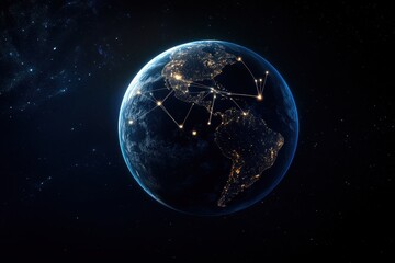Obraz premium Global network connections, Earth at night, space background, data visualization (1)