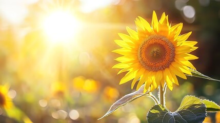 Naklejka premium A single sunflower in a field at sunset.