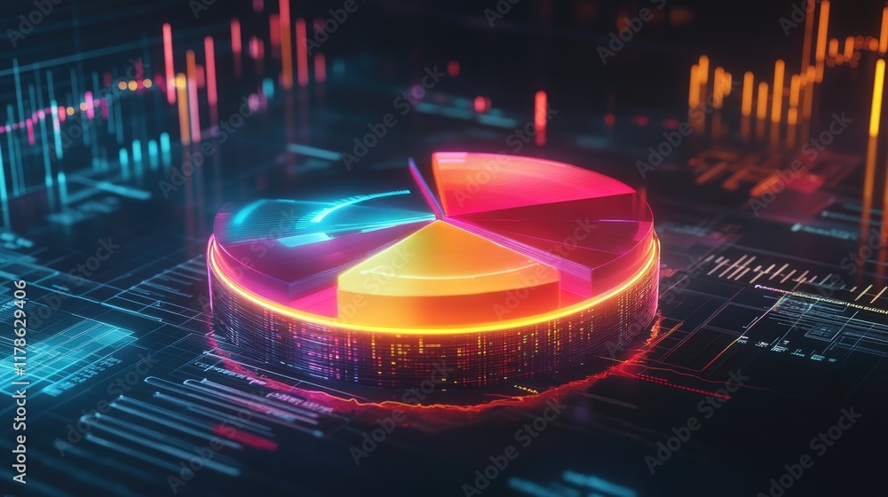 Poster a futuristic d pie chart with glowing neon segments, rotating in mid-air against a dark background f