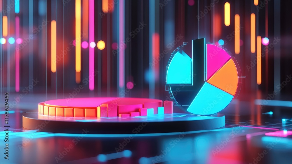 Poster a futuristic d pie chart with glowing segments, rotating slowly above a virtual platform, representi