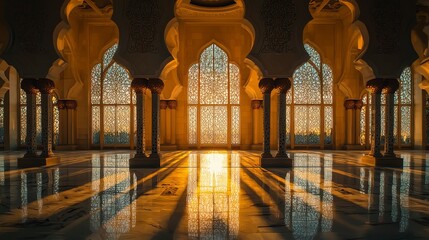 Fototapeta premium Majestic mosque interior bathed in golden sunlight reflecting on marble floors
