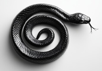 A Stunning Black Snake Curled in a Spiral Pose on a Clean White Surface Capturing the Intricacies of Nature&rsquo;s Design and Serpent Elegance