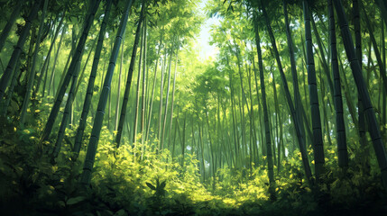 Obraz premium beautiful, A dense bamboo forest with tall, slender trees reaching towards the sky, creating an immersive green backdrop.